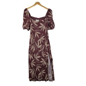 Elegant Brown Leaf Print Midi Dress